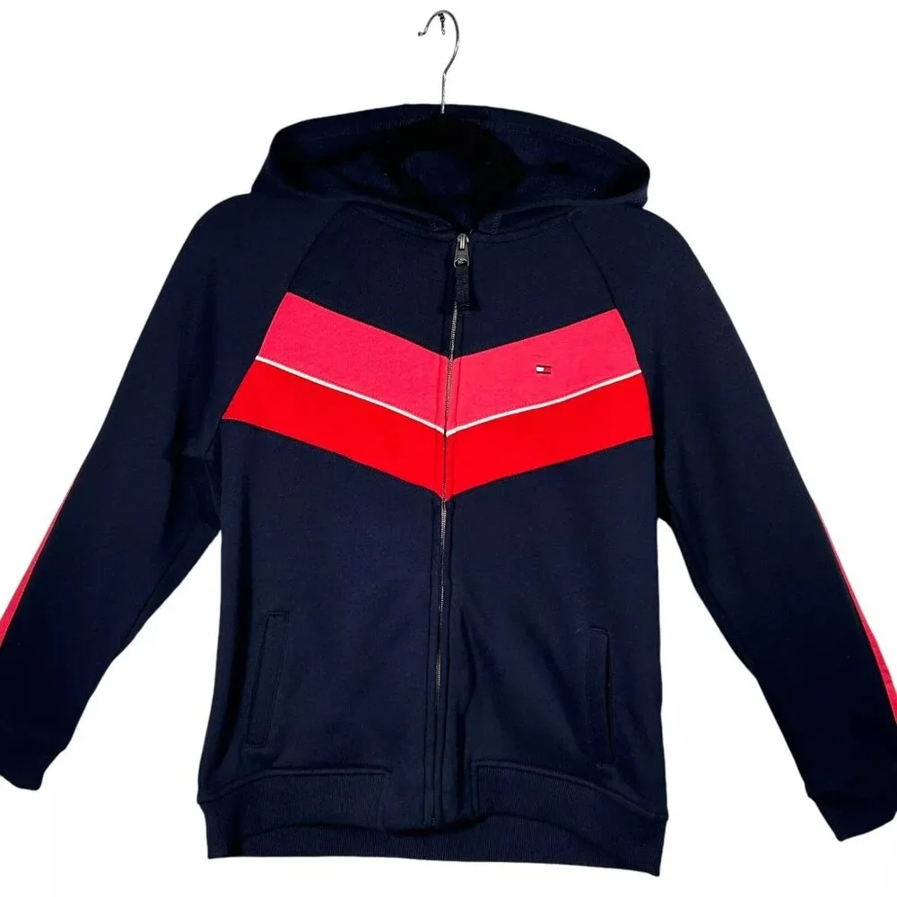 Tommy Hilfiger Youth Girl's Full Zip French Terry Sweater Sz L (14-16) Navy/Pink